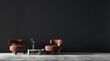 Modern cozy interior of living room with minimal red chairs on empty black color wall background. 3d render.
