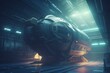 Dreamy sci-fi spaceship in hangar. Beautiful and artistic design. Background illustration. Generative AI
