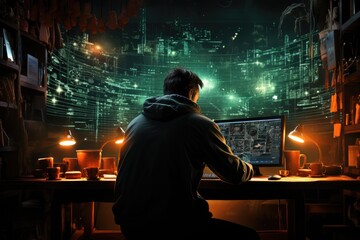 Programmer and code, double exposure