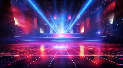 A deserted nightclub stage with dynamic red and blue spotlights, a vintage dance floor below, and a scene immersed in the play of laser beams