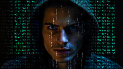 Portrait of hacker man in a hoodie. blue blurred background. Dramatic lighting. Concept of data protection. Ai generative