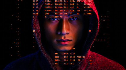 Poster - portrait of hacker man in a hoodie. red blurred background. dramatic lighting. concept of data prote
