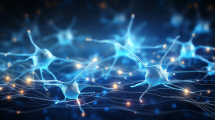 Poster - brain stimulation activity with neuron close-up microscpoe illustration. neurology, cognition, neuro