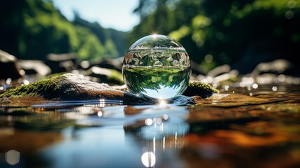 drop of water with reflection of nature inside with backdrop of beautiful landscape in river AI