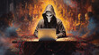 A mysterious persona in a mask and hood, intently working on a laptop, with a visual representation of a group of hackers leading anti - system revolts against governments in the background