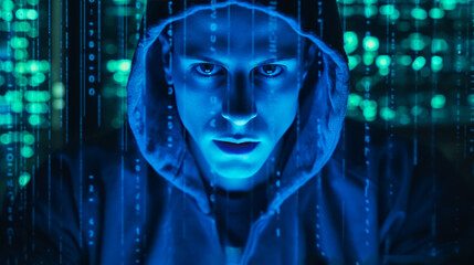 Poster - Portrait of hacker man in a hoodie. blue blurred background. Dramatic lighting. Concept of data protection. Ai generative