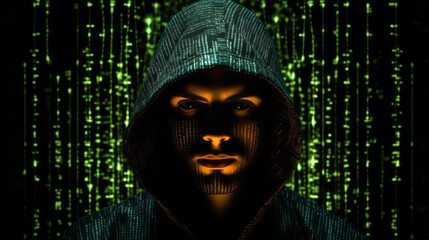 Poster - a hacker man in a hoodie sitting with green blurred backdrop. concept of data protection. ai generat