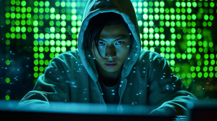 Poster - a hacker in dark room in hoodie sitting with green blurred background. concept of data protection. a