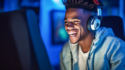 black man gamer playing in cyber sport tournament online. Ai generative