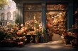 Flower shop from outside on the street, Beautiful flowers shows through its windows.