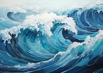 large wave breaking ocean surfer board colored pencil ultramarine blue ripple wall