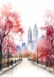 city street bridge row trees miraculous ladybug background soft pink color cherry blossom falling stands easel production central park bar