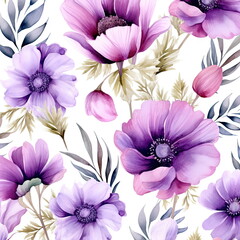 Wall Mural - purple flowers watercolor seamless patterns, watercolor picture of flowers, floral