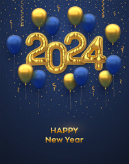 Wall Mural - Happy New 2024 Year. Golden foil balloon numbers and inflatable holiday balloons on blue background. High detailed 3D realistic gold foil helium balloons. Christmas greeting card. Vector illustration.