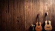 © Baloch - Wooden board panel texture with acoustic panels in brown, home improvement, rustic interior, guitar on wood background
