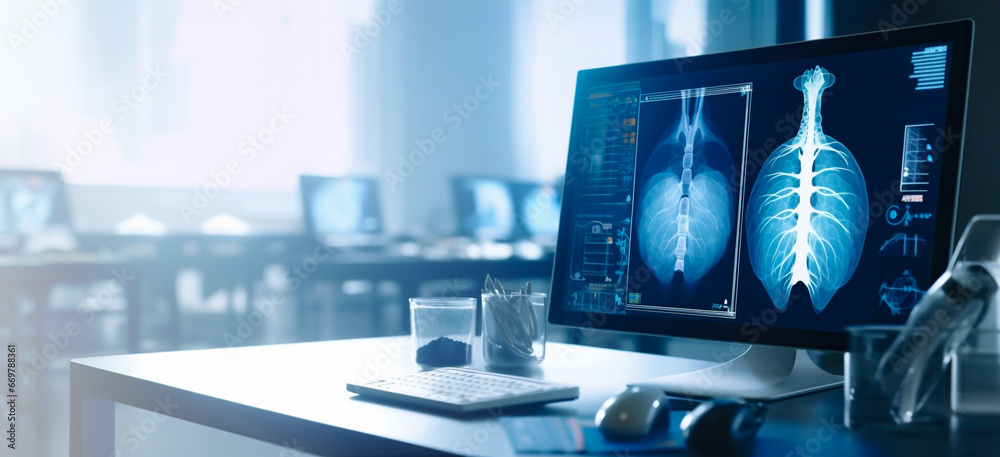 Lung x-ray picture of patient on computer screen in a hospital ...