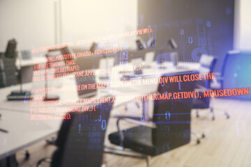 Aufkleber - Abstract virtual coding concept on a modern furnished office background. Multiexposure