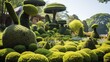 A meticulously manicured topiary garden with whimsical, sculpted shrubbery