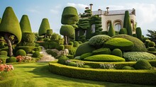 A Meticulously Manicured Topiary Garden With Whimsical, Sculpted Shrubbery