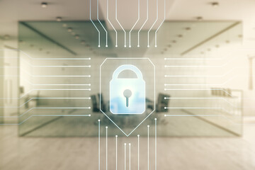 Poster - Virtual creative lock symbol and microcircuit illustration on a modern furnished office background. Protection and firewall concept. Multiexposure