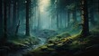 A misty forest scene with deep emerald greens and hints of golden sunlight filtering through the trees
