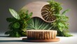 emphasizing their dynamic presence, wooden cut round podium and tropical plants from a low angle, background