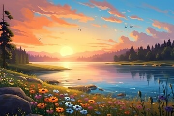 Poster - sunset over the lake