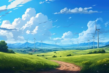 Wall Mural - field and sky landscape with wind turbines