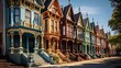 A row of Victorian townhouses with ornate ironwork and colorful facades, standing tall and proud