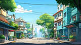 Fototapeta  - Old Asian city street with markets in cartoon style. Chinatown cartoon landscape. Vietnam town buildings illustration. China city street. Asian houses and road. Generated by artificial intelligence