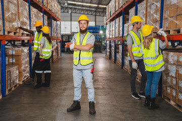 Wall Mural - Factory manager, foreman worker checking stock inventory on good shelf in delivery storehouse of logistic storage warehouse, shipping distribution business, package box industry job for retail market