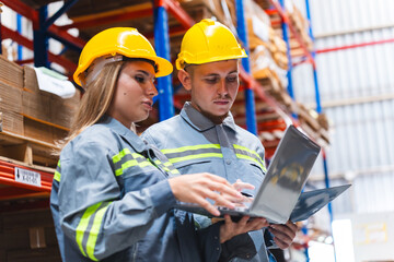 Factory manager, foreman worker checking stock inventory on good shelf in delivery storehouse of logistic storage warehouse, shipping distribution business, package box industry job for retail market