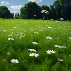 Wall Mural - A big field with green grass and pretty daisies
