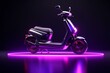 Electric scooter with charger in dark background, illuminated by violet neon light. Eco-friendly transport concept. 3D rendering. Generative AI
