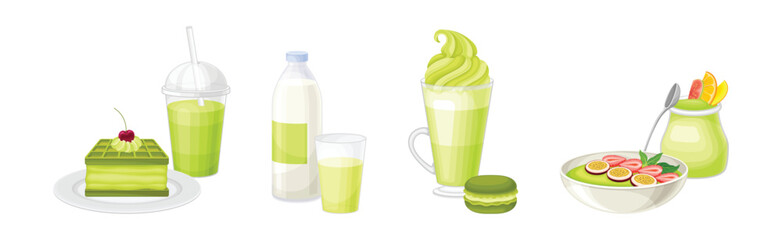 Sticker - Sweet Green Desserts and Treat with Drink Vector Set