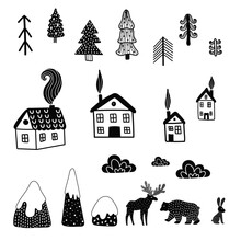 Winter In The Scandinavian Forest. Cute Set With Houses, Animals And Trees. Can Be Used In Textile Industry, Paper, Background, Scrapbooking.Vector.