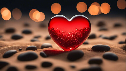 Wall Mural - A big red heart made with glass kept on sand.