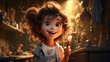 Little joyful child smiling, cartoon girl sorceress playing with a magic wand