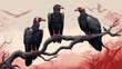 Three vultures sitting on a tree branch.