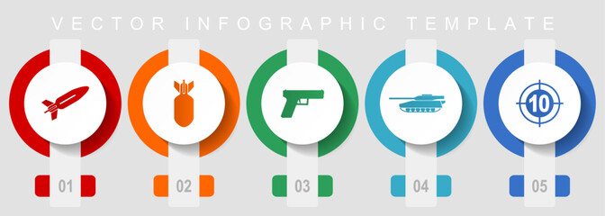 Wall Mural - War flat design icon set, miscellaneous icons such as missle, bomb, gun, tank and target, vector infographic template, web buttons collection