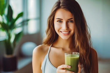 Wall Mural - Attractive young woman drinking her detox juice after workout, beautiful athletic female drinking green juice at home