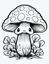 Adorable Creepy Kawaii Mushroom Coloring Page For Kids With Vintage, Cute Mushroom In A Clearing Among The Flowers With Vector Illustration For Coloring Book.