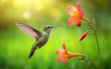 Humming Birds Suck Nectar From Flower Pollen Blurred Bokeh Background Nature Green