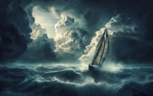 Sailboat On High Waves In The Scary Sea Sea Waves In A Violent Storm Ship In The Ocean