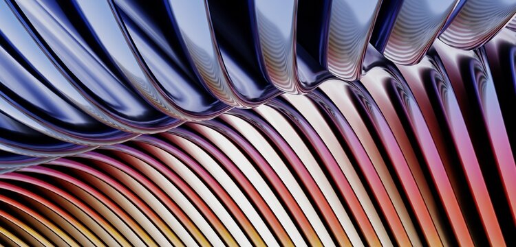Multi colored sparkling curves Ripples Background Parallel waves of plastic 3D illustration of a twisted curved tube