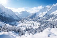 Panoramic mountains near Briançon, Serre Chevalier resort in France. Ski resort landscape on clear sunny day. Snowy mountains, winter vacation panorama. Generative AI
