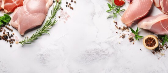 Wall Mural - Various cuts of raw chicken seasoned with spices and herbs arranged on a white marble table viewed from above with room for additional items