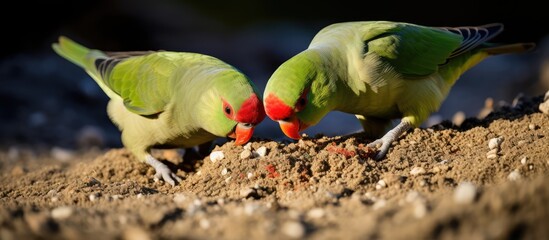 Poster - Captured photo of two red crowned parakeets looking for food in Rotorua NZ