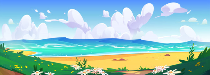 Wall Mural - Summer cartoon sand sea beach shore and blue sky vector background. Water on tropical seaside coast with flowers and green grass. Caribbean lagoon beautiful landscape scene panorama banner concept