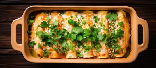 Wall Mural - Chicken enchiladas made at home viewed from above on a wooden table